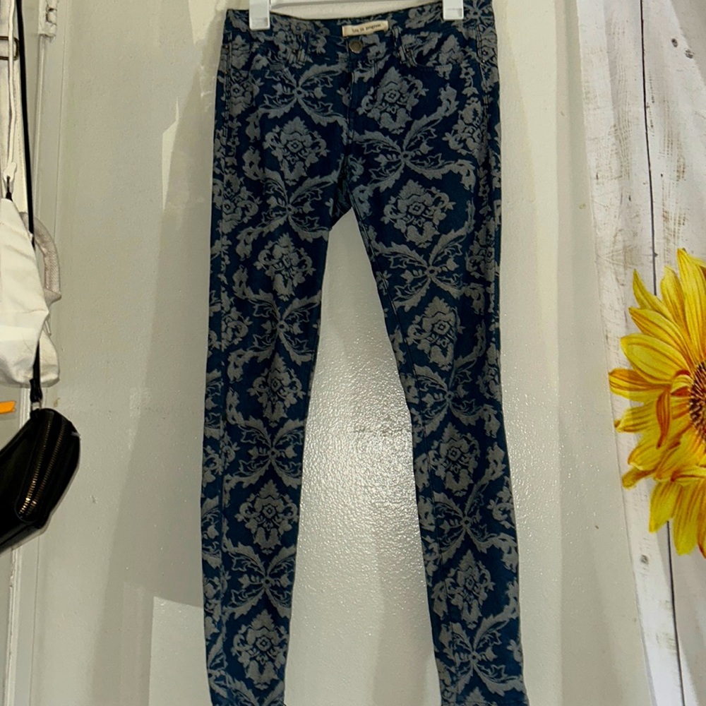 Denim lace print pants
